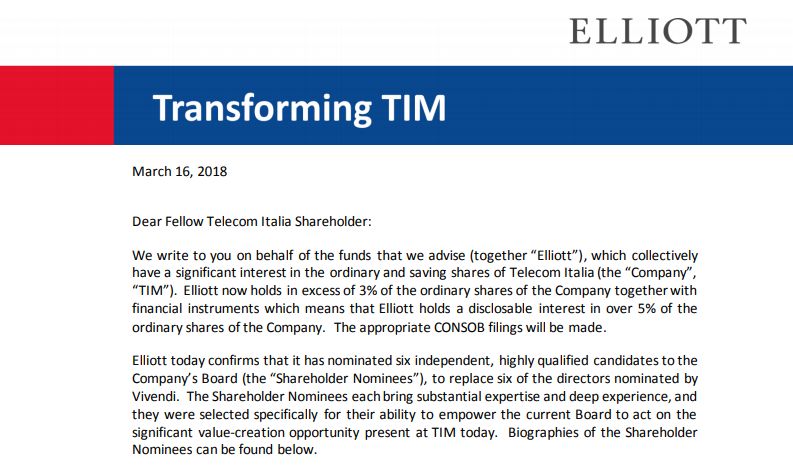 Lettera del fondo Elliott agli azionisti di Tim