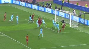 Gol di Manolas durante la partita di calcio tra Roma e Barcellona