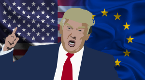 Trump su bandiere Usa e Ue