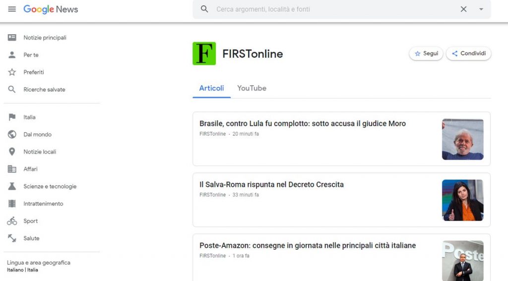 Screenshot di Google News