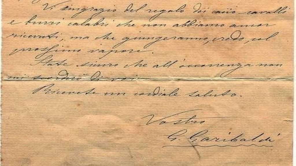 Garibaldi autógrafo agradecendo o envio do caciocavalli silani