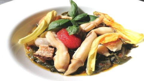 Roberto Serra's recipe: Vernaccia razor clams with chard soup and courgette flowers