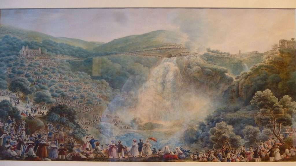 Tivoli, pembukaan terowongan, Aniene dan Gregory XVI (Riveruzzi, 1835)