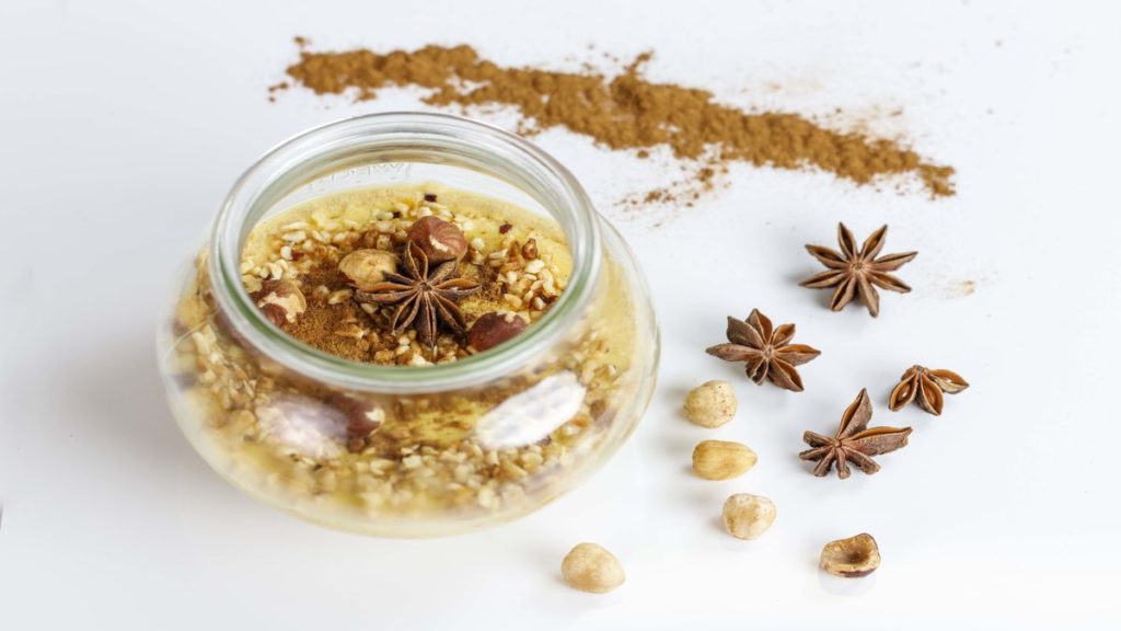 Mousse with hazelnuts, cinnamon and star anise in a cooking jar by the nutritionist Domenicantonio Galatà