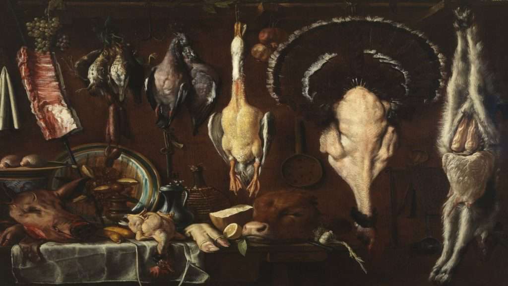Jacopo Chimenti 的“带桶、野味、肉和陶器的储藏室”