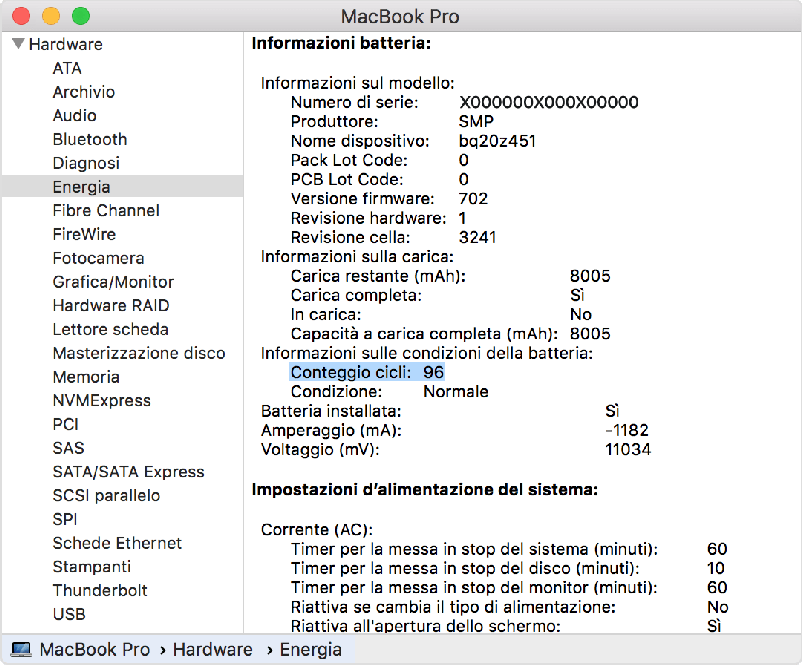 Specifiche cicli di ricarica batteria