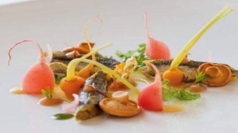 La ricetta di Manuel Marchetta:  Alici marinate in zafferano con carpione di verdurine, papaya e cardamomo