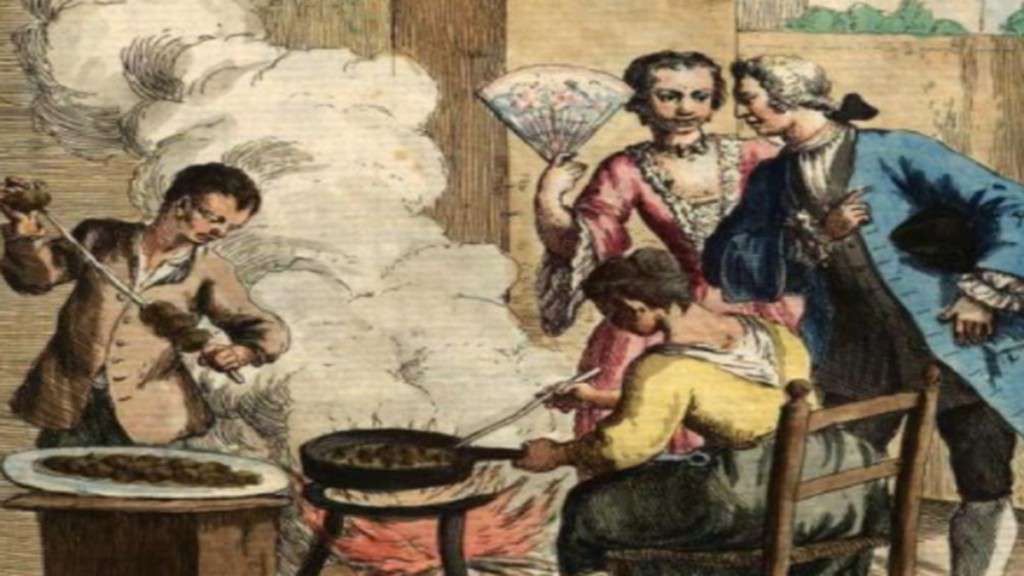 I fritoleri quadro di Gaetano Zompin che mostra la vendita di frittelle dolci nelle piazze di Venezia