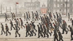 THE EARLIEST KNOWN SPORTS PAINTING BY L.S. LOWRY DEPICTING CROWDS GATHERING FOR A RUGBY