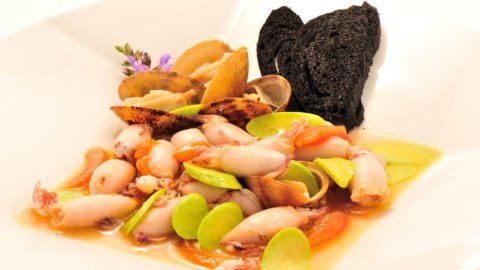 The recipe by Claudio Pasquarelli, baby squid with crustaceans and crunchy trumpet courgettes