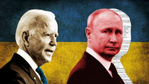 Joe Biden e Vladimir Putin sullo sfondo della bandiera dell'Ucraina