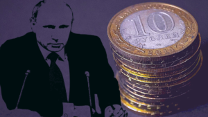 Sanzioni alla Russia: Putin con accanto una pila di