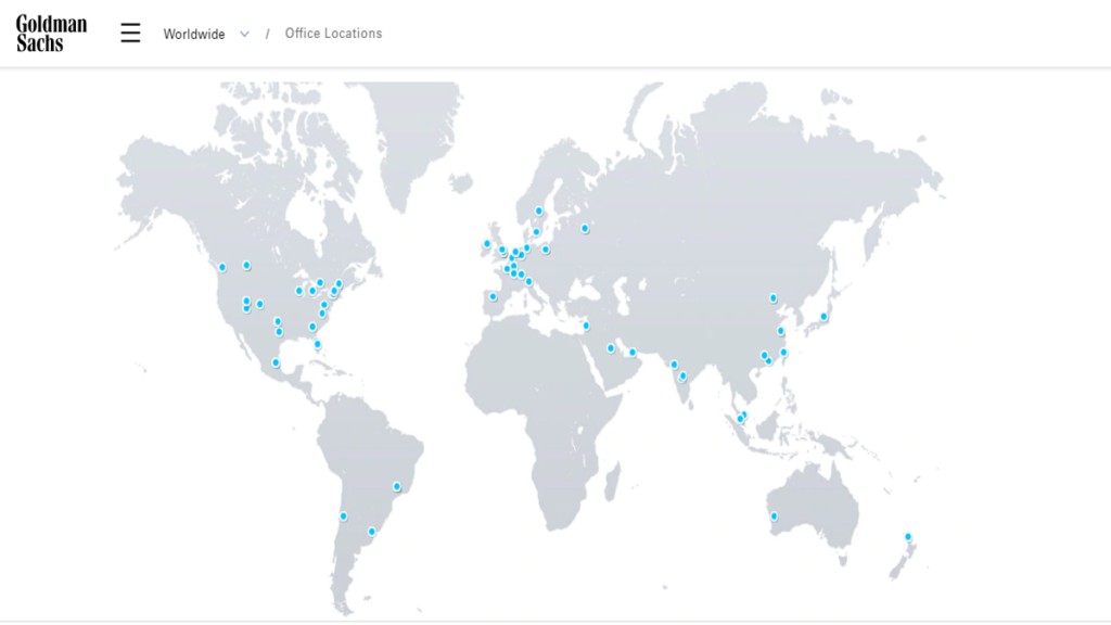 世界中のゴールドマン・サックスのオフィスの地図