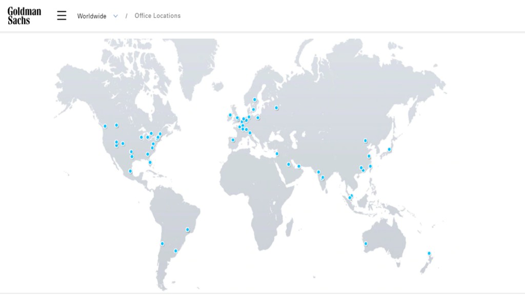 Karte der weltweiten Niederlassungen von Goldman Sachs
