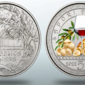 पोलिग्राफिको कलेक्टर के सिक्के पर ओरेचिएटे और प्रिमिटिवो डी मंडुरिया जो अपुलियन भोजन और शराब की उत्कृष्टता का जश्न मनाता है