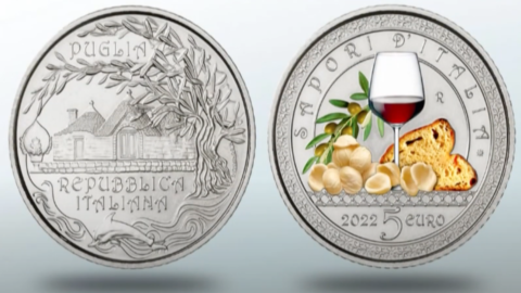 Orecchiette and Primitivo di Manduria on the Poligrafico collector's coin that celebrates the Apulian food and wine excellences