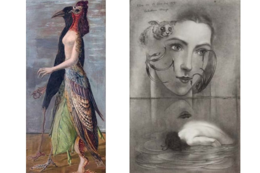 Suzanne Van Damme (1901-1986), Couple d'oiseaux anthropomorphes, 1946, huile sur panneau, © RAW (Rediscovering Art by Women) © Stéphane Pons Valentine Hugo (1887-1971), Le rêve du 21 décembre 1929, 1929, meu de plomb sur papier, Coleção Mony Vibescu, © ADAGP, Paris, 2022 © Gilles Berquet