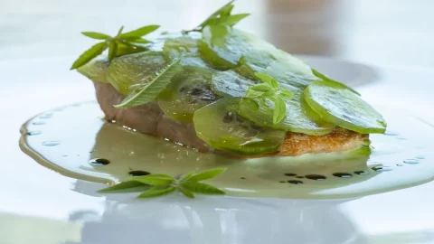 La receta del chef Daniel Zeilinga de salmón a la plancha, verbena y pepinos, un verano dietético y saludable en la mesa