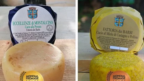 Cacio dei Barbi nos escudos em Montalcino, medalha de ouro no Le Mondial du fromage et des produits laitiers 2023 em Tours