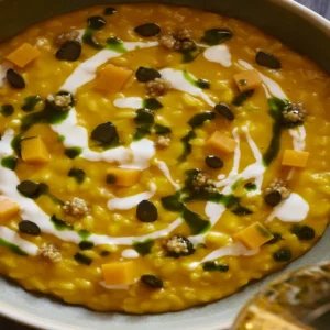 Resep risotto labu, biji moster, dan fondue keju biru kambing, suguhan Halloween dari koki Francesco Sodano dari restoran Rana.