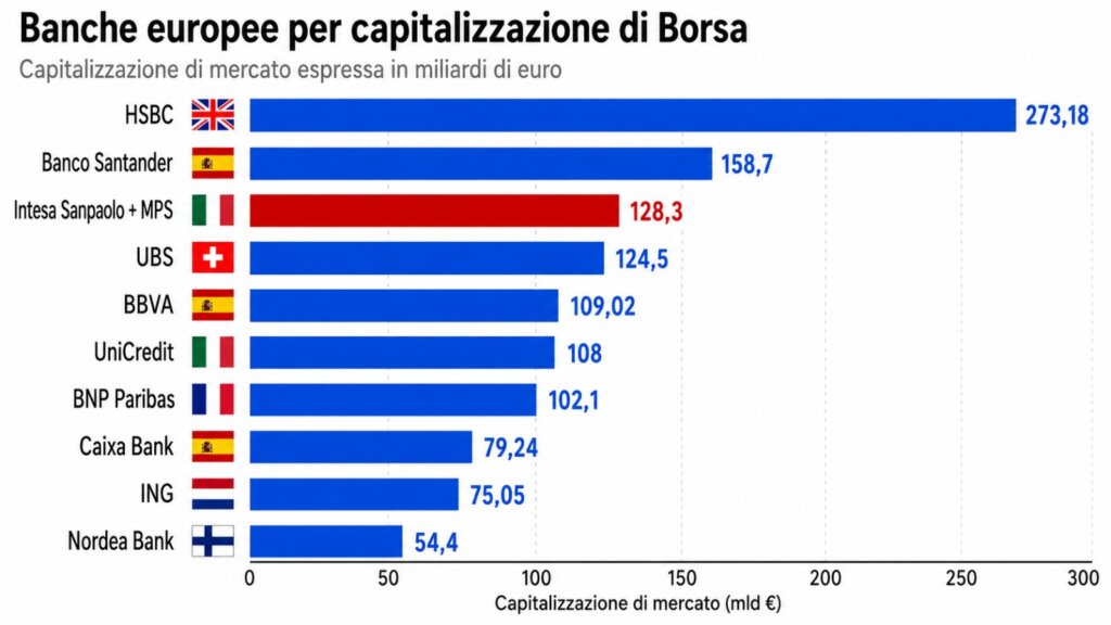 Classifica capitalizzazione banche europee con Intesa + Mps