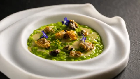 Un intrigante e raffinato dialogo fra terra e mare nella ricetta stellata di riso, finocchietto selvatico, limone e coquillages dello chef Alfio Nicolosi